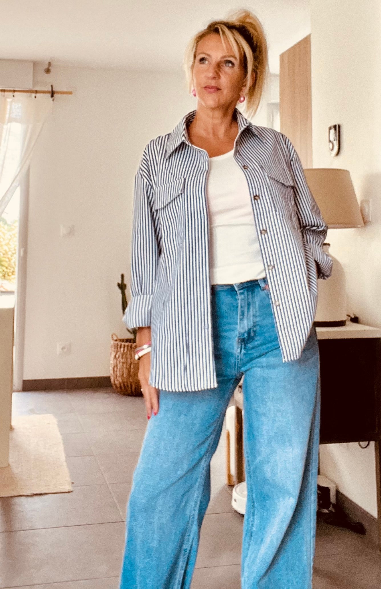 Veste - sur chemise rayée "MARINA" Bleu marine & blanc