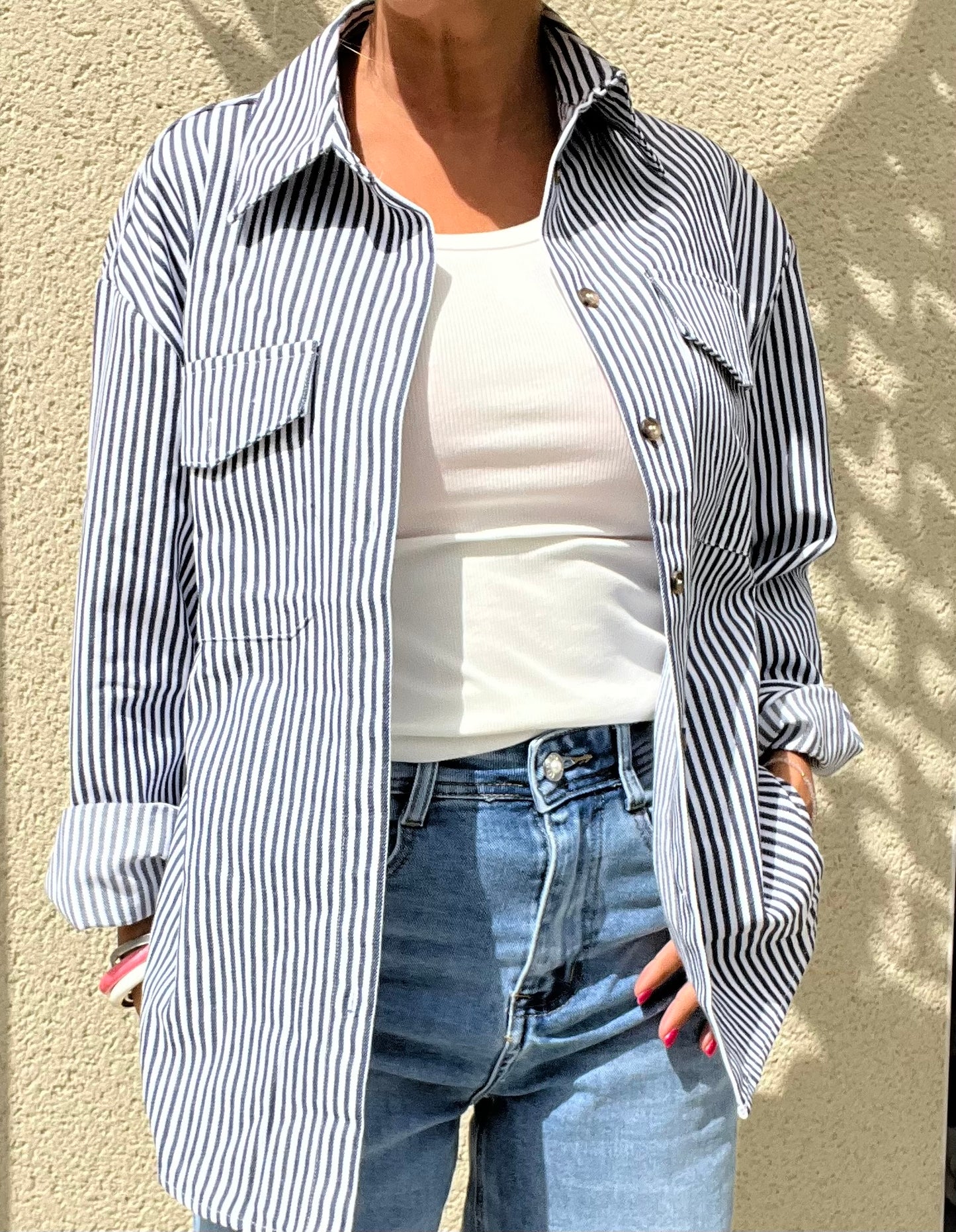 Veste - sur chemise rayée "MARINA" Bleu marine & blanc