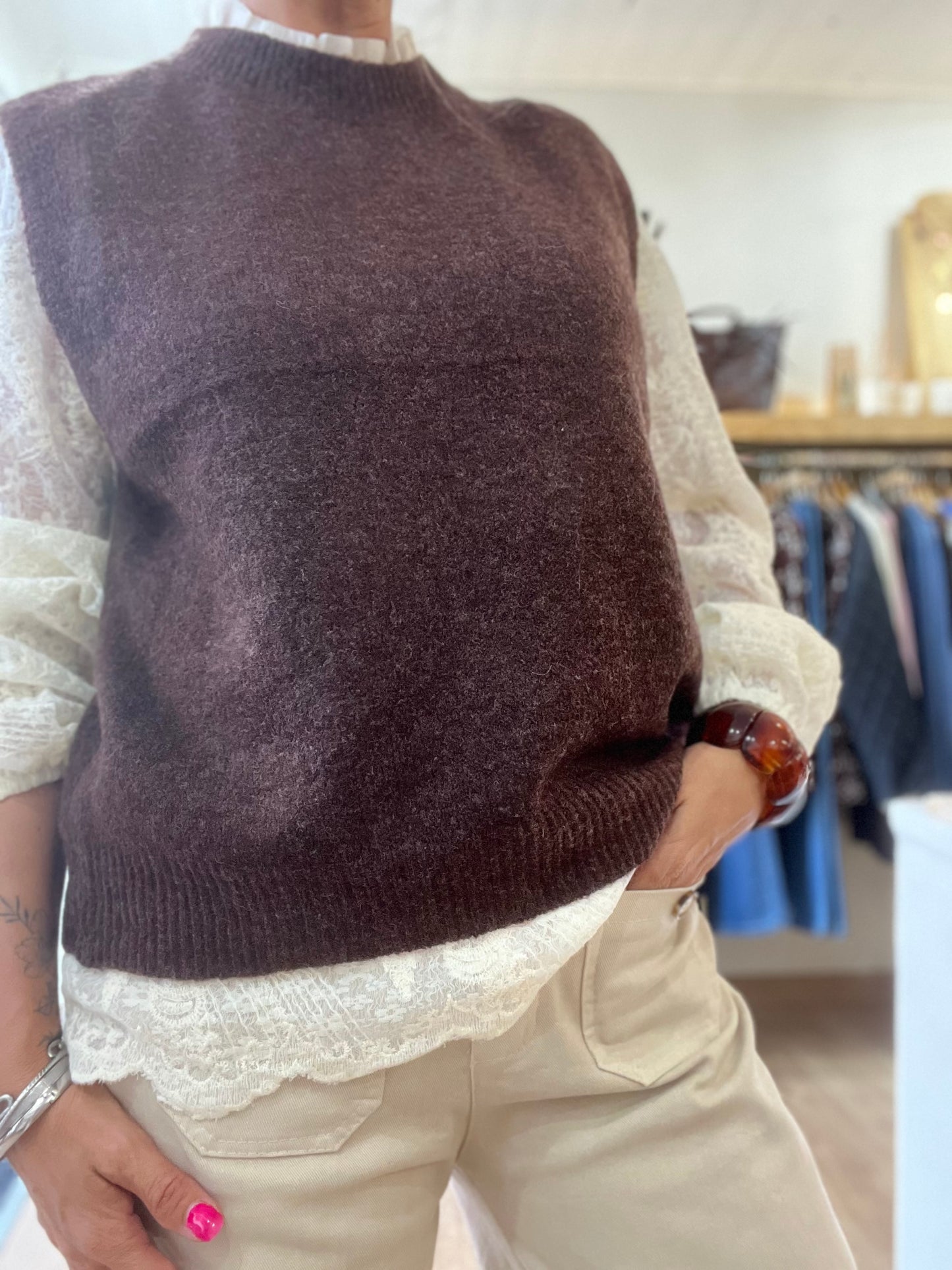 Pull 2-en-1 "MAELYS" chocolat & dentelle écru