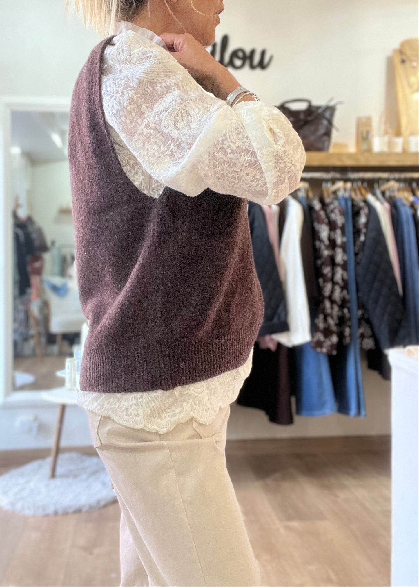 Pull 2-en-1 "MAELYS" chocolat & dentelle écru