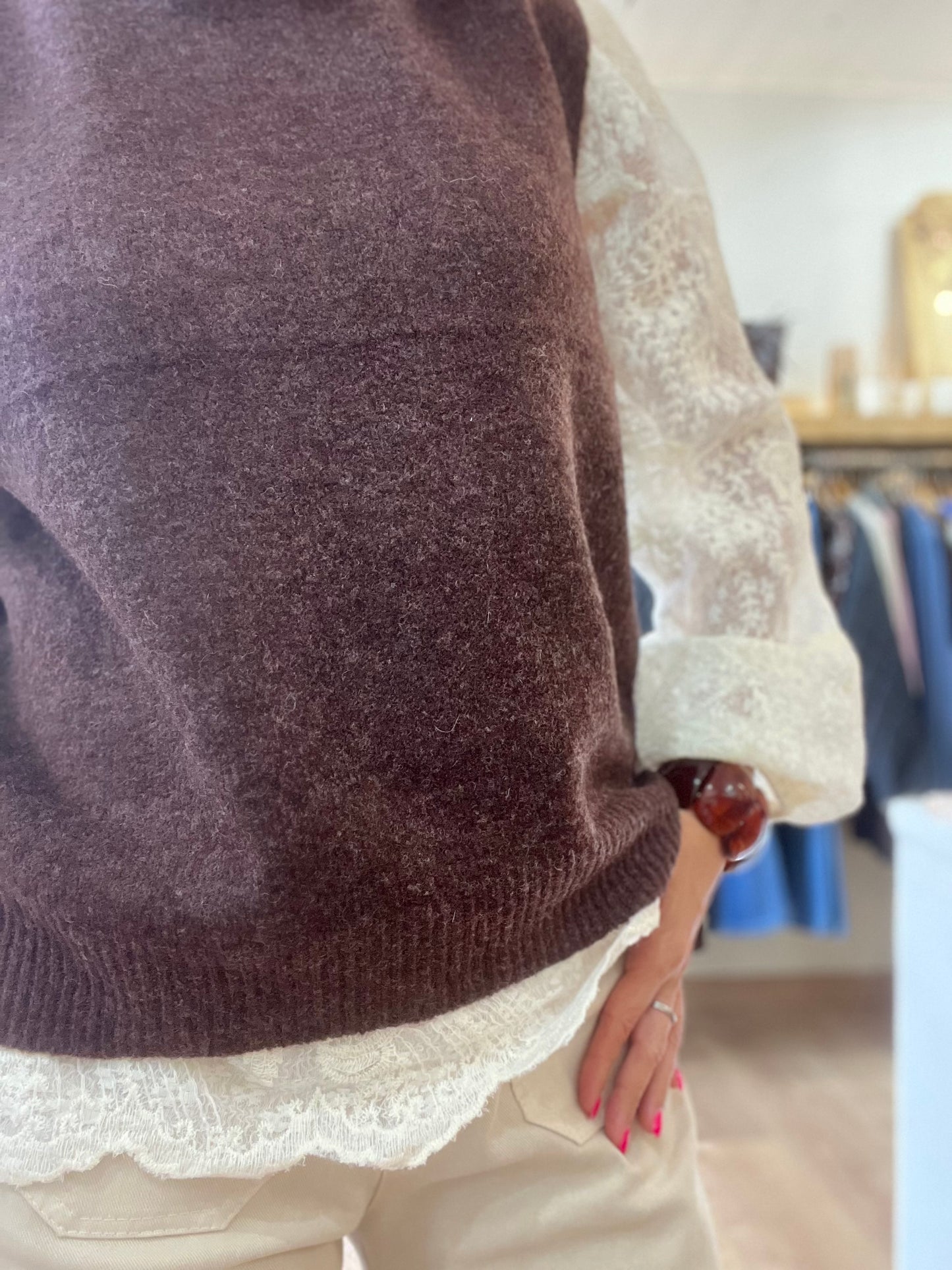 Pull 2-en-1 "MAELYS" chocolat & dentelle écru
