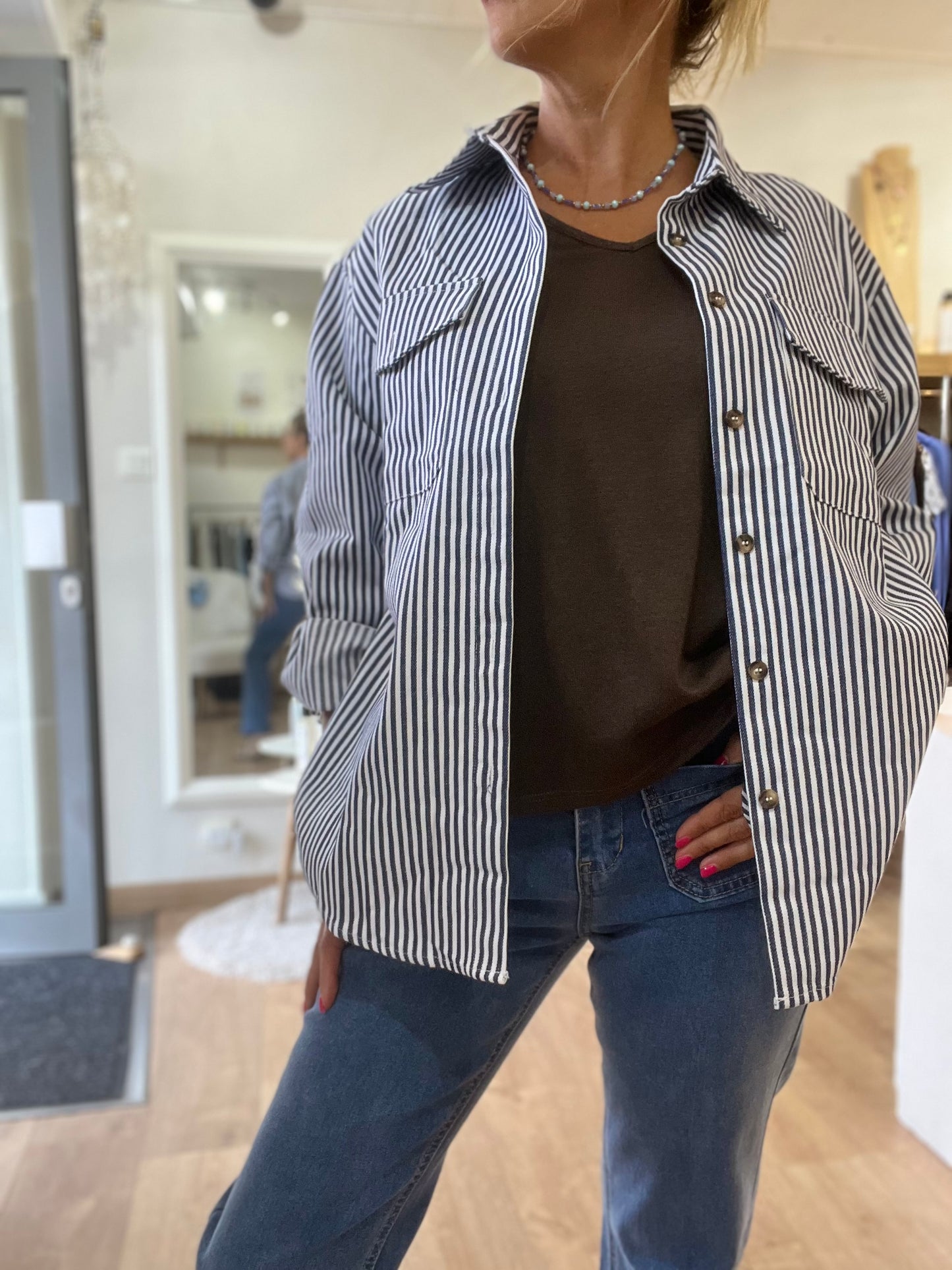 Veste - sur chemise rayée "MARINA" Bleu marine & blanc