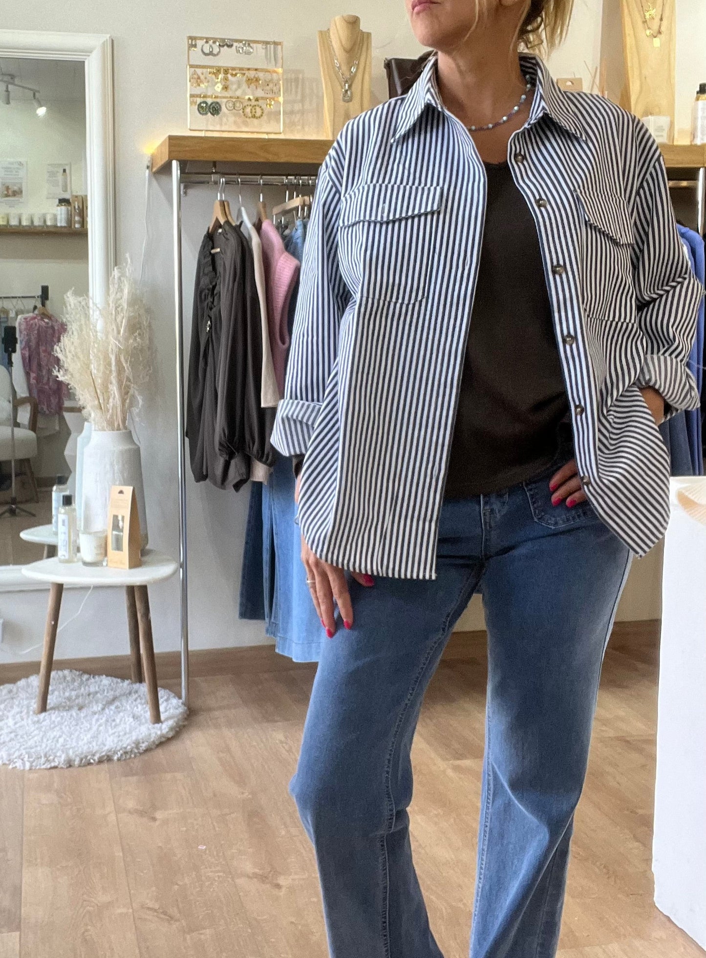 Veste - sur chemise rayée "MARINA" Bleu marine & blanc