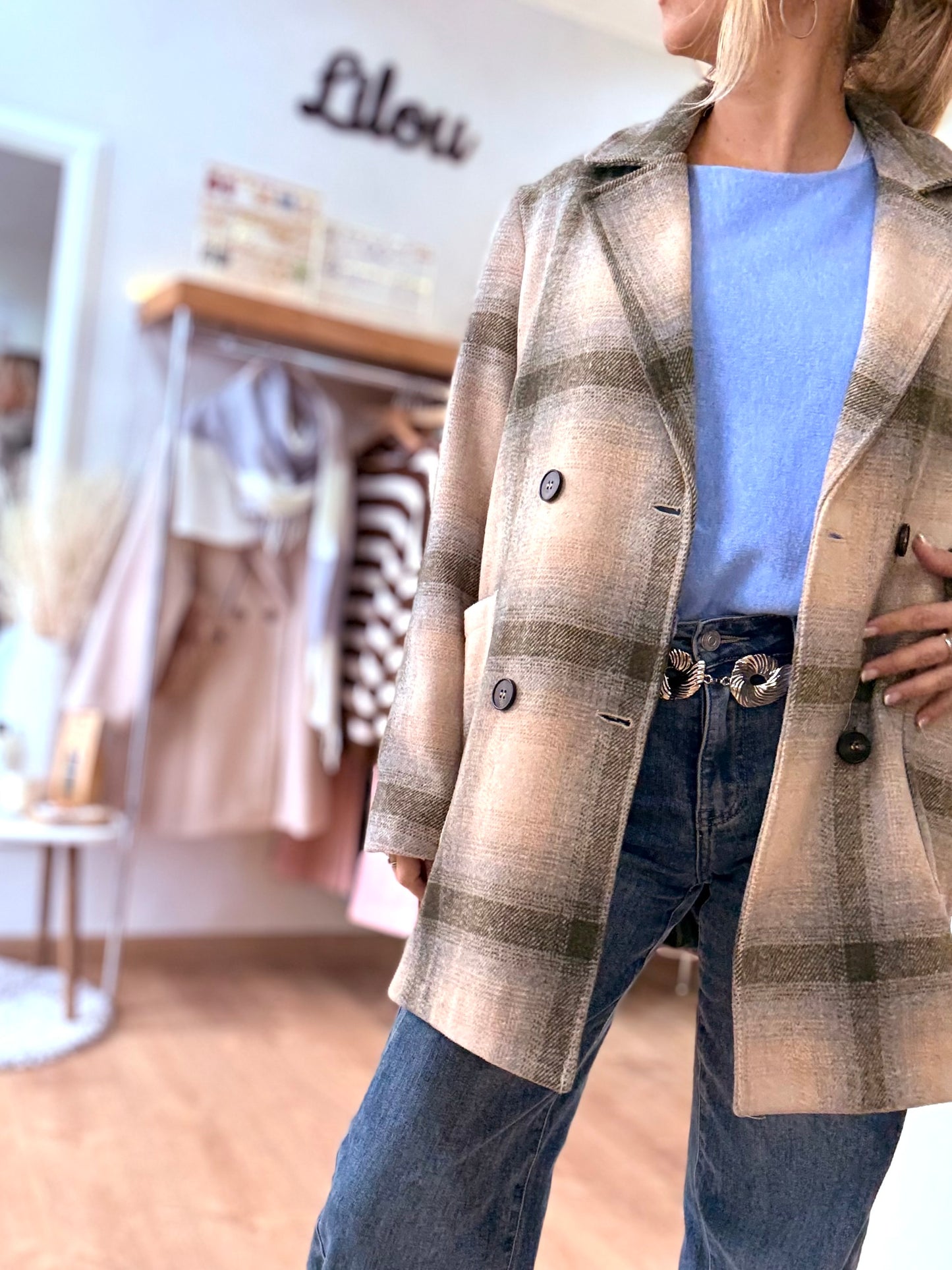 Manteau croisé à carreaux - Olive