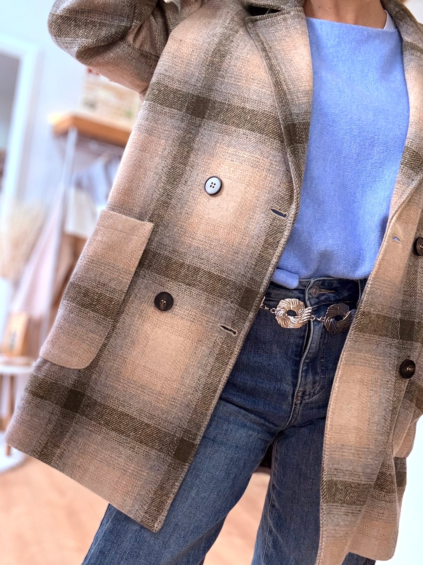 Manteau croisé à carreaux - Olive