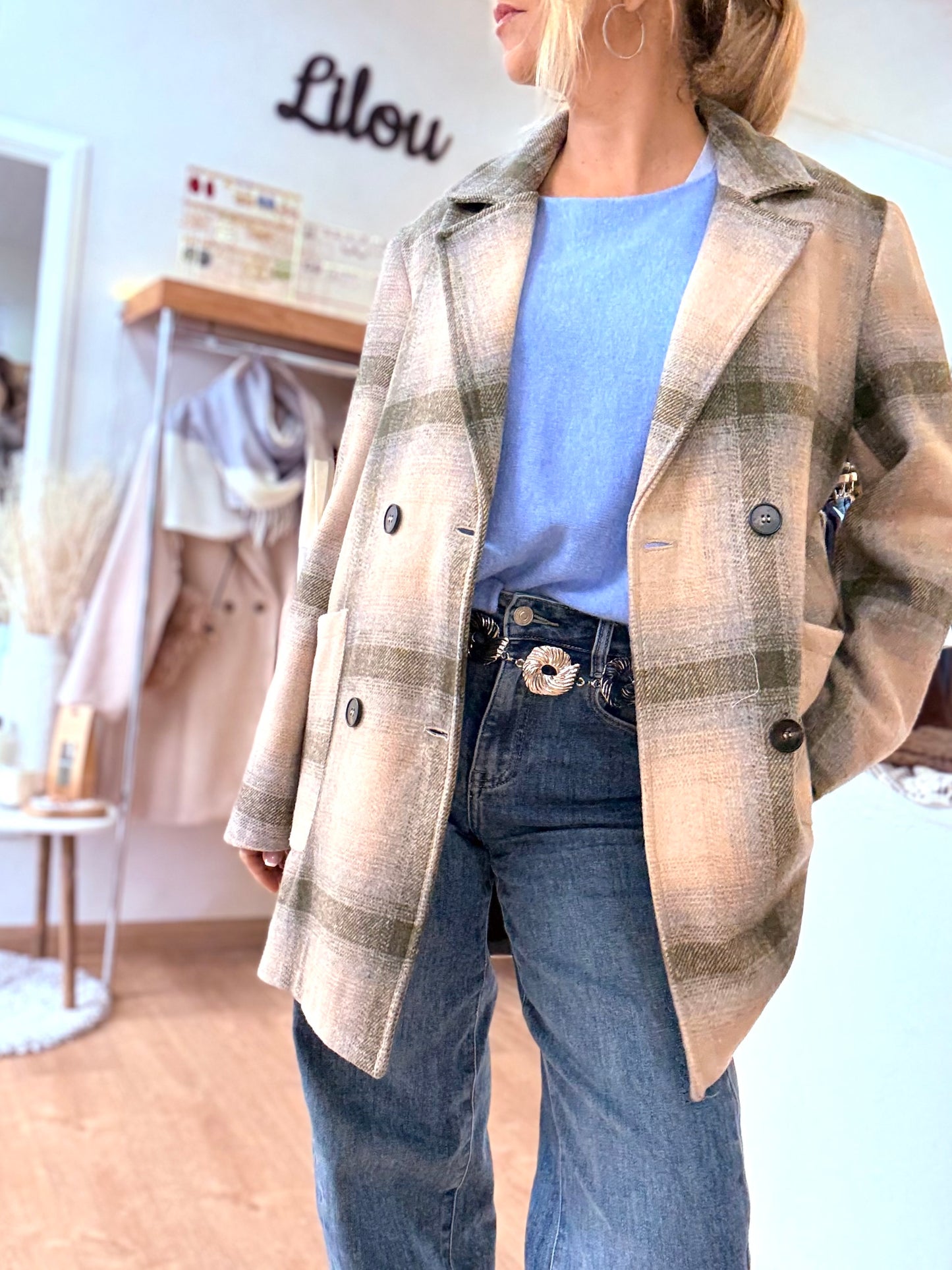 Manteau croisé à carreaux - Olive