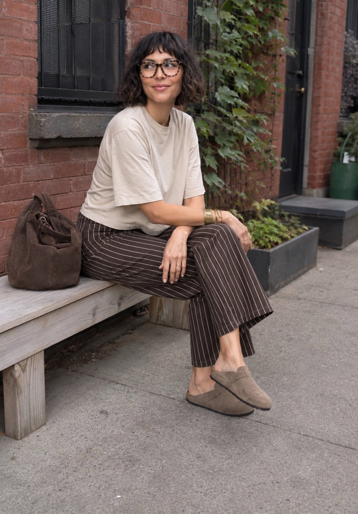 Pantalon en toile de coton rayé - Chocolat