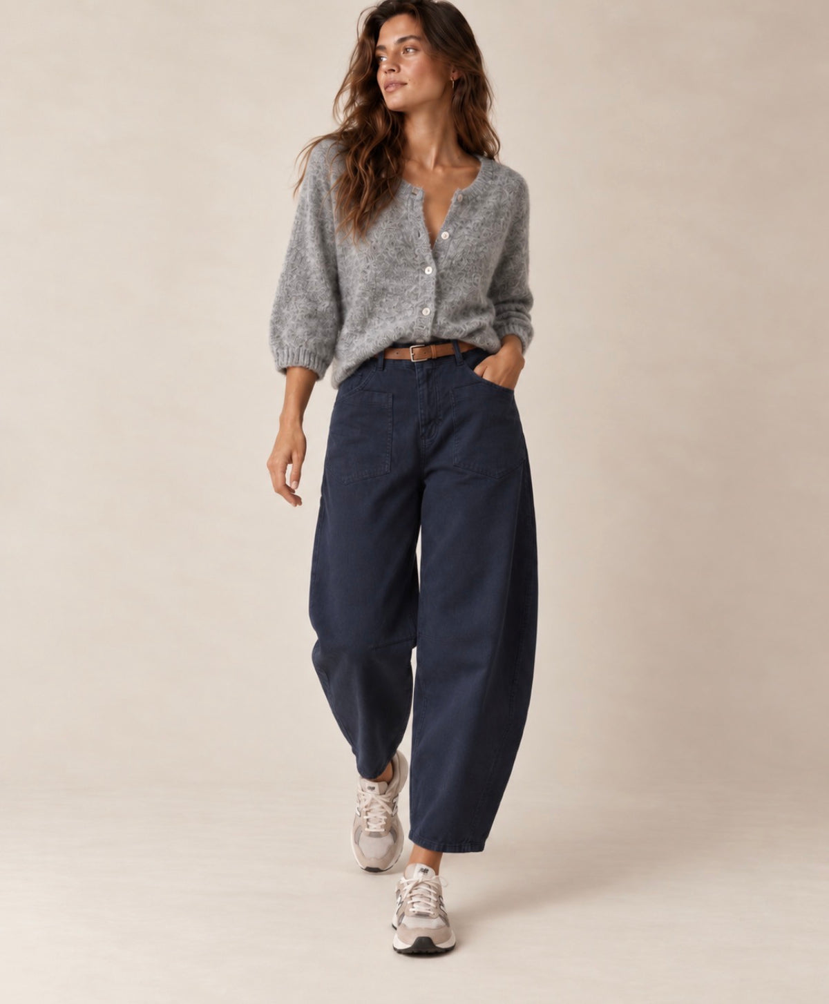 Pantalon en toile de coton coupe barrel - Marine