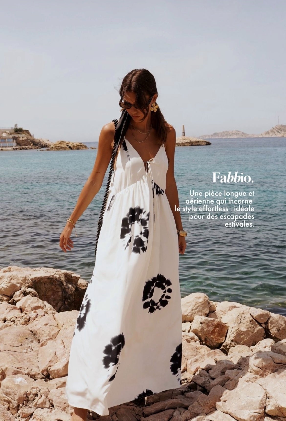 Robe longue FABBIO - Blanc cassé & bleu marine