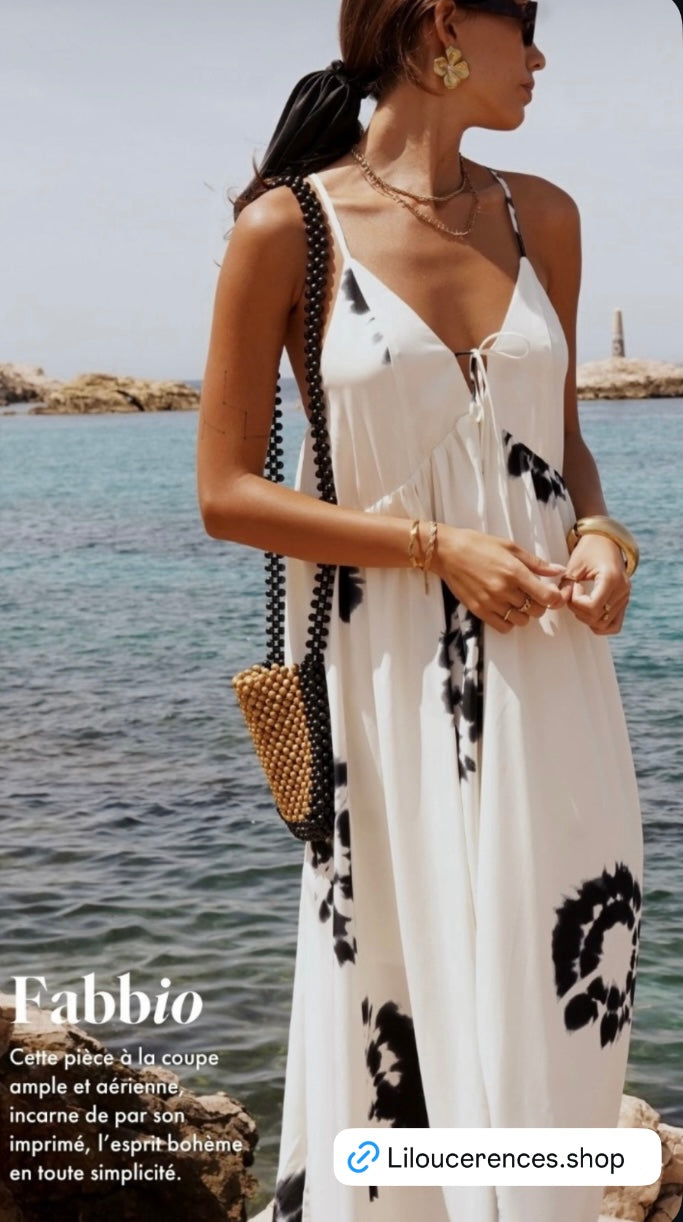 Robe longue FABBIO - Blanc cassé & bleu marine