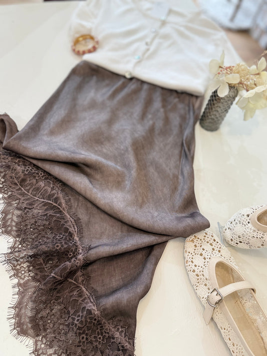 Jupe longue - Iris - Satinée & dentelle - Marron