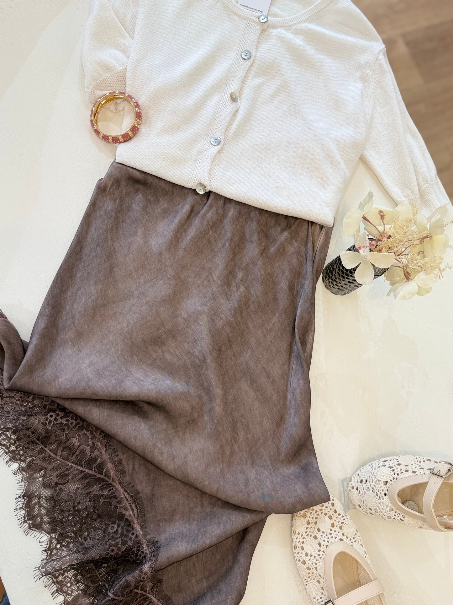 Jupe longue - Iris - Satinée & dentelle - Marron
