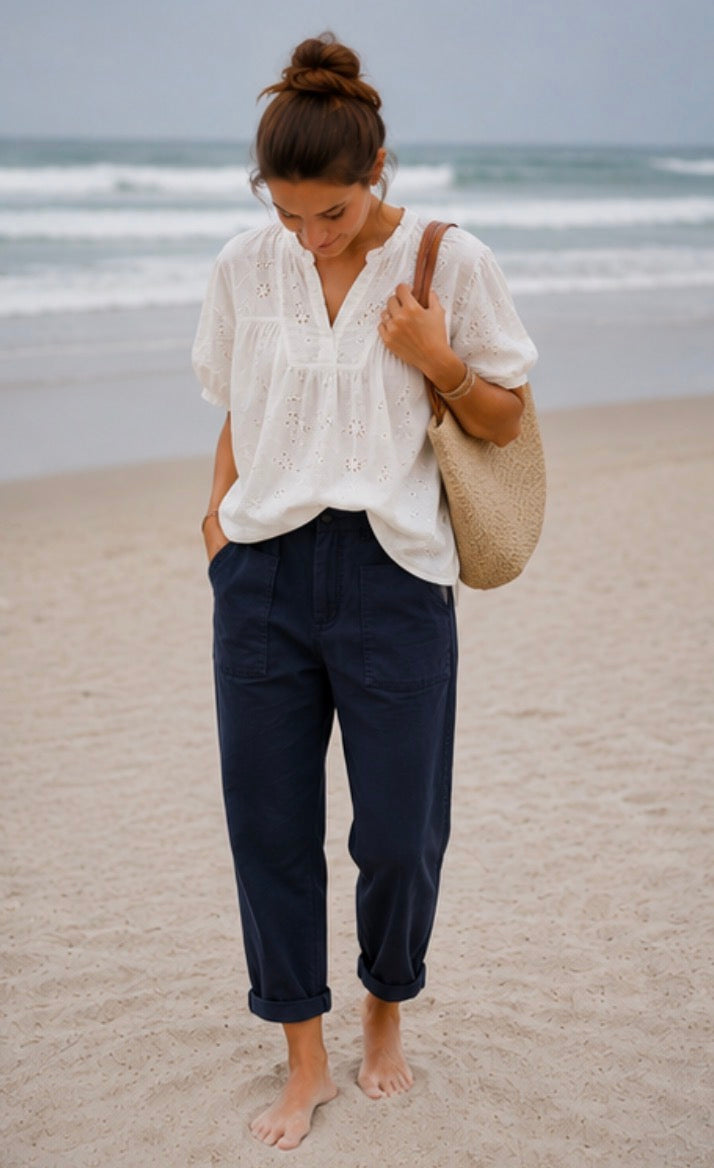 Pantalon Barrel toile de coton - Bleu marine