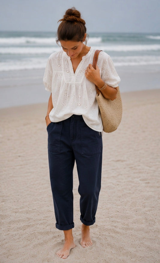 Pantalon Barrel toile de coton - Bleu marine