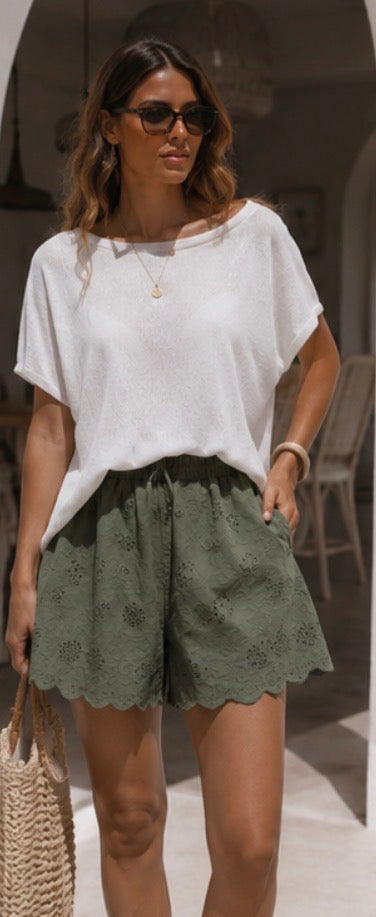 Short FLORINA - broderie anglaise - Kaki