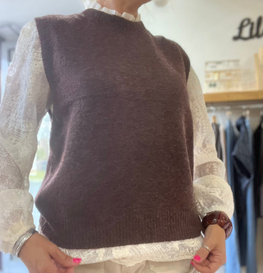 Pull 2-en-1  "MAELYS" chocolat & dentelle écru