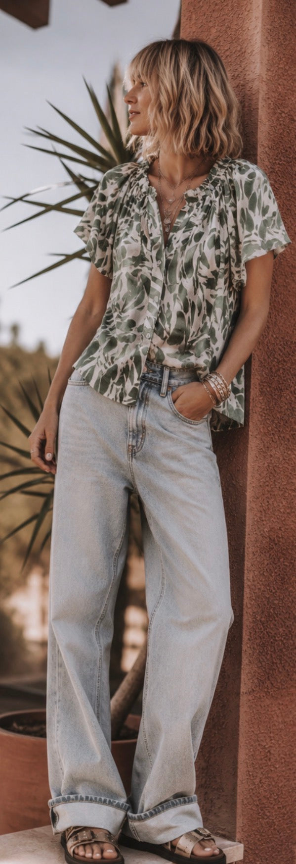 Blouse GISÈLE en voile de coton . Imprimé Kaki