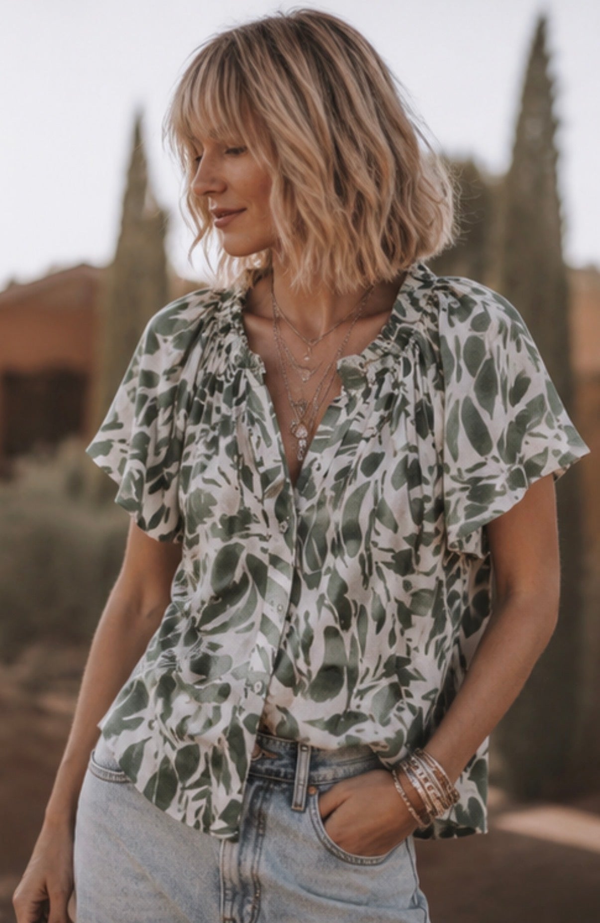 Blouse GISÈLE en voile de coton . Imprimé Kaki
