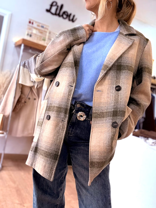 Manteau croisé à carreaux - Olive