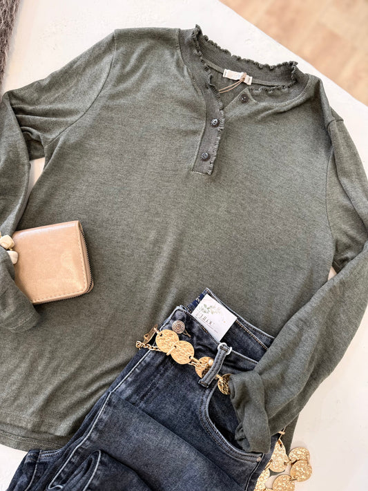 Haut  Léna - Col volanté boutonné - Kaki