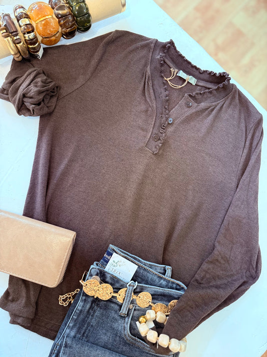 Haut  Léna - Col volanté boutonné - Chocolat