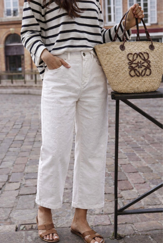 Pantalon DOLLY en toile brodée- Blanc