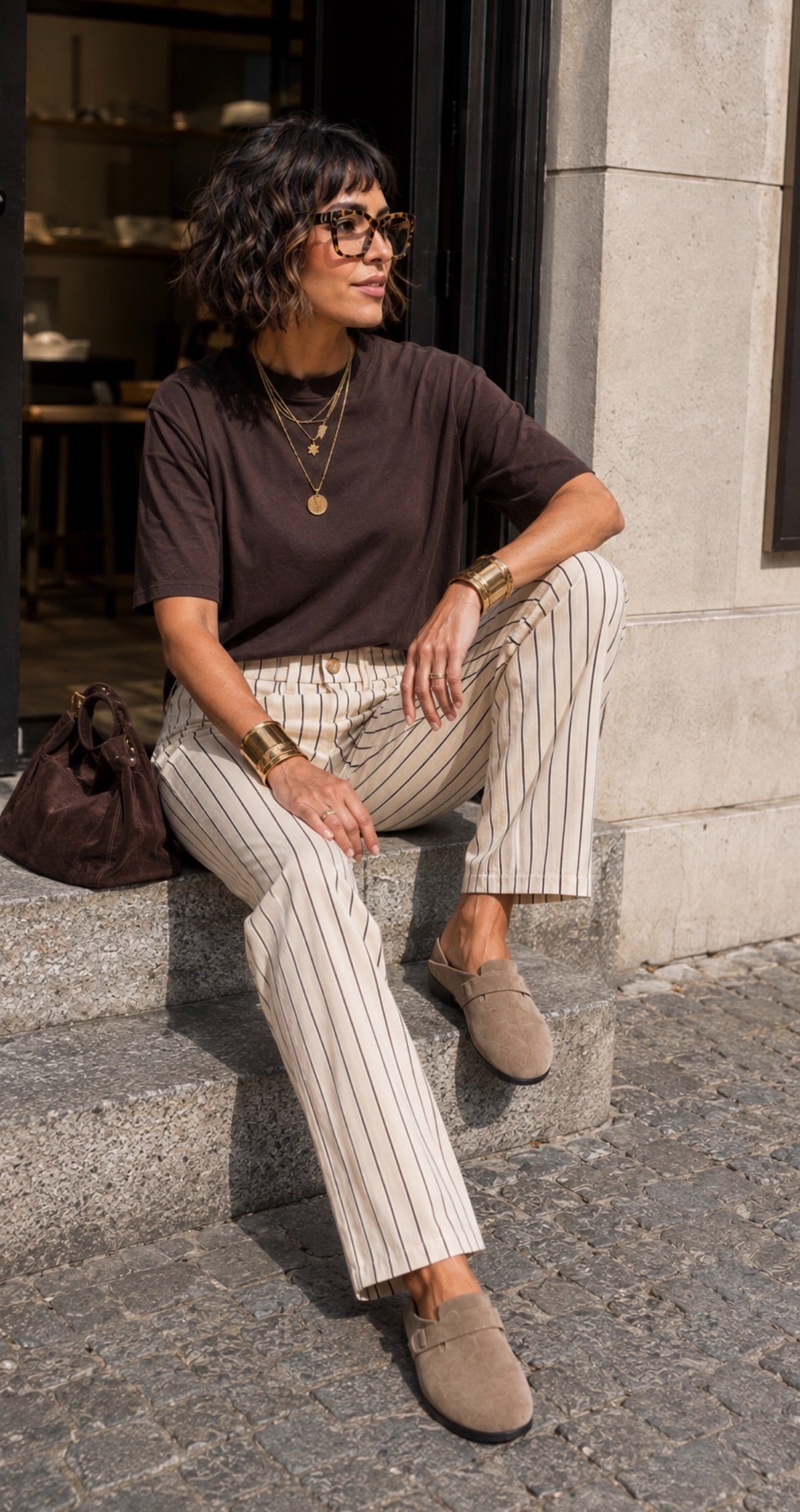 Pantalon en toile de coton rayé - Beige