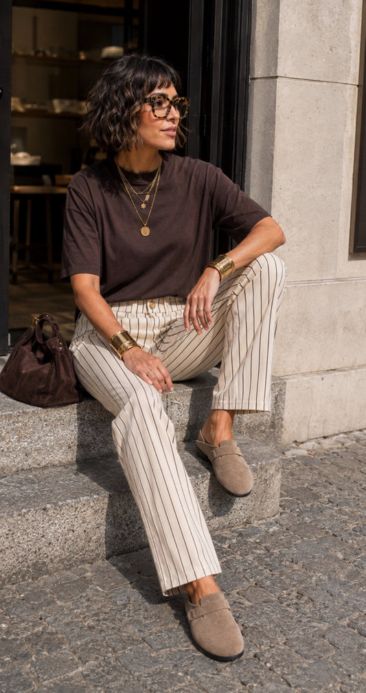 Pantalon en toile de coton rayé - Beige