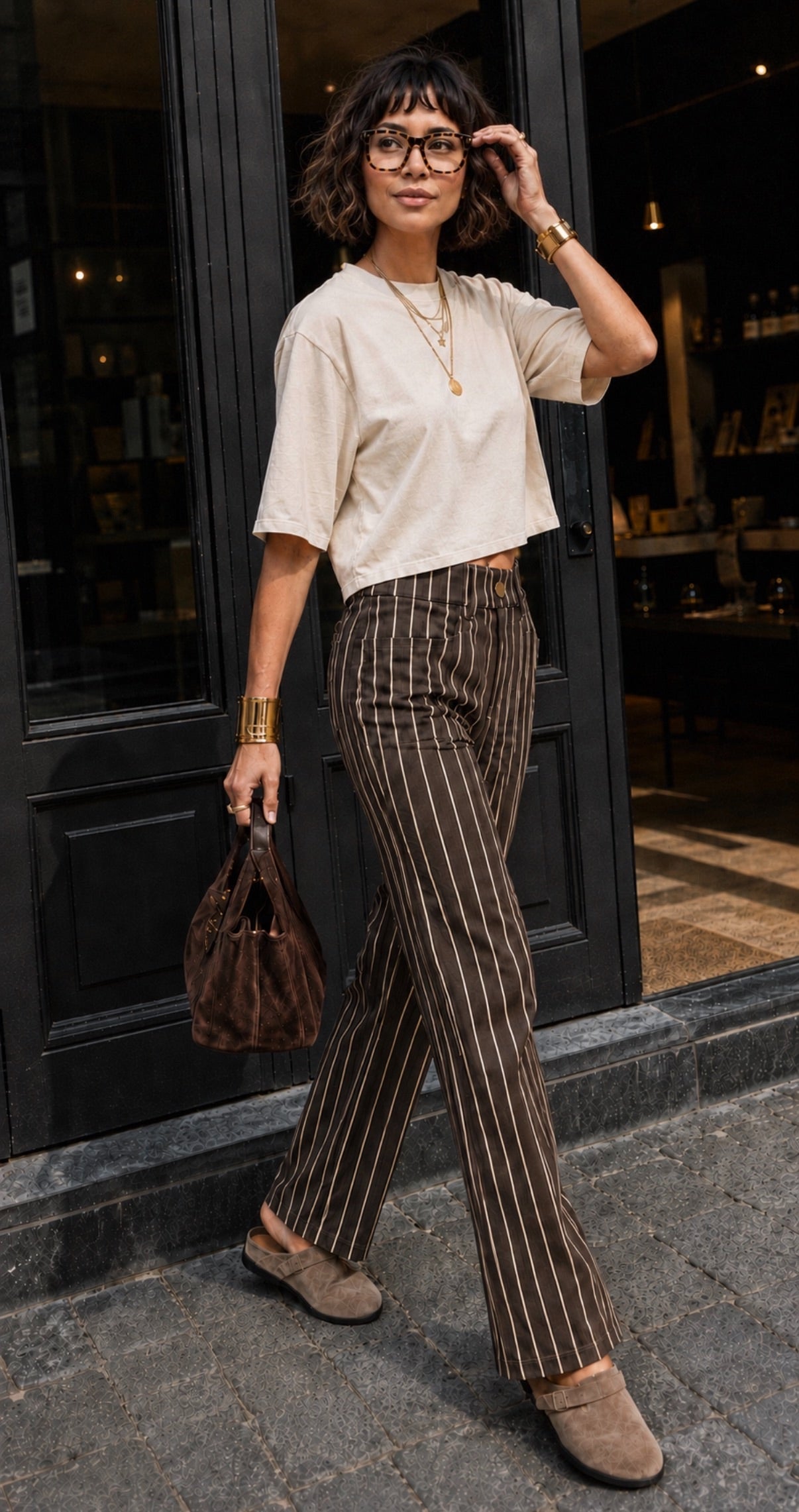 Pantalon en toile de coton rayé - Chocolat