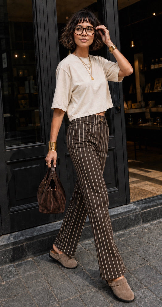 Pantalon en toile de coton rayé - Chocolat