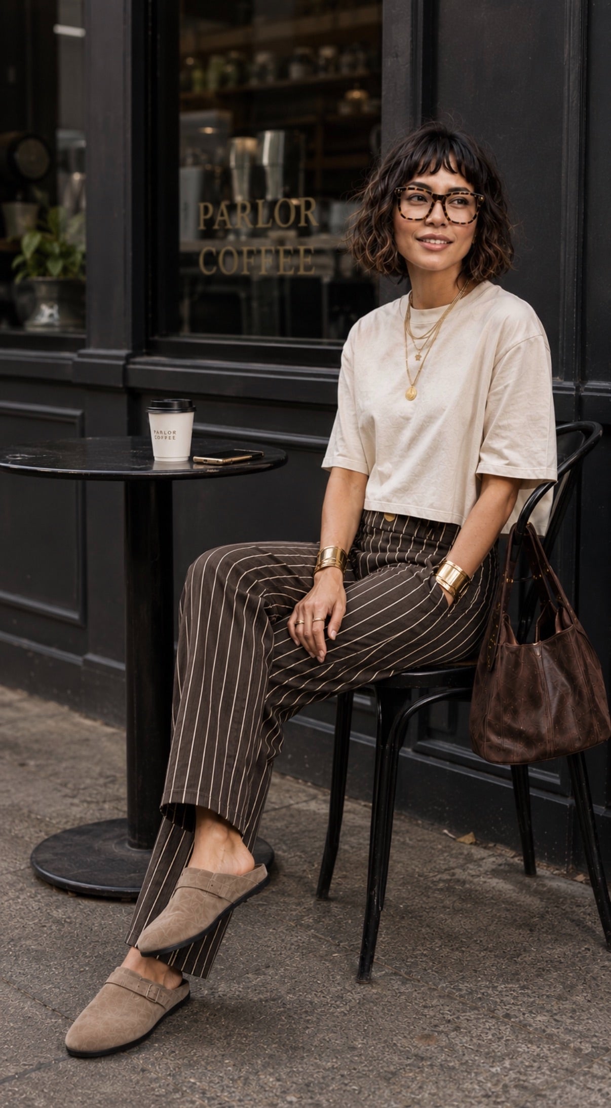 Pantalon en toile de coton rayé - Chocolat