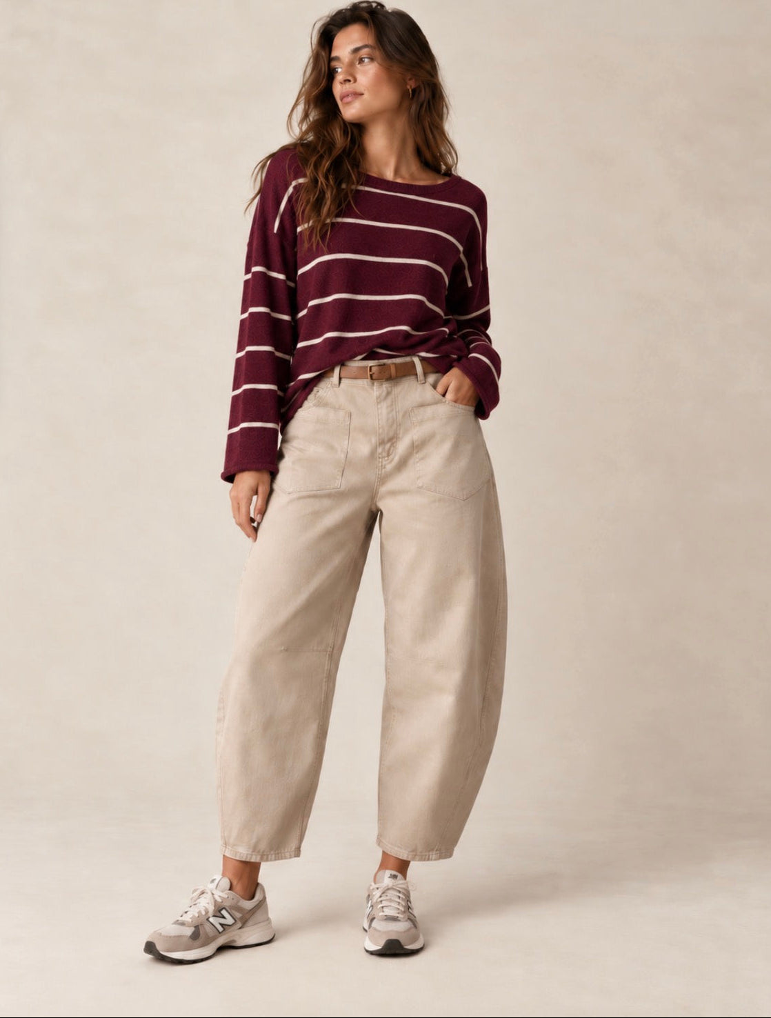 Pantalon en toile de coton coupe barrel - Beige