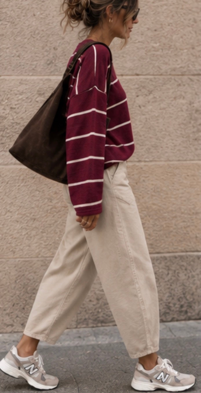 Pantalon en toile de coton coupe barrel - Beige