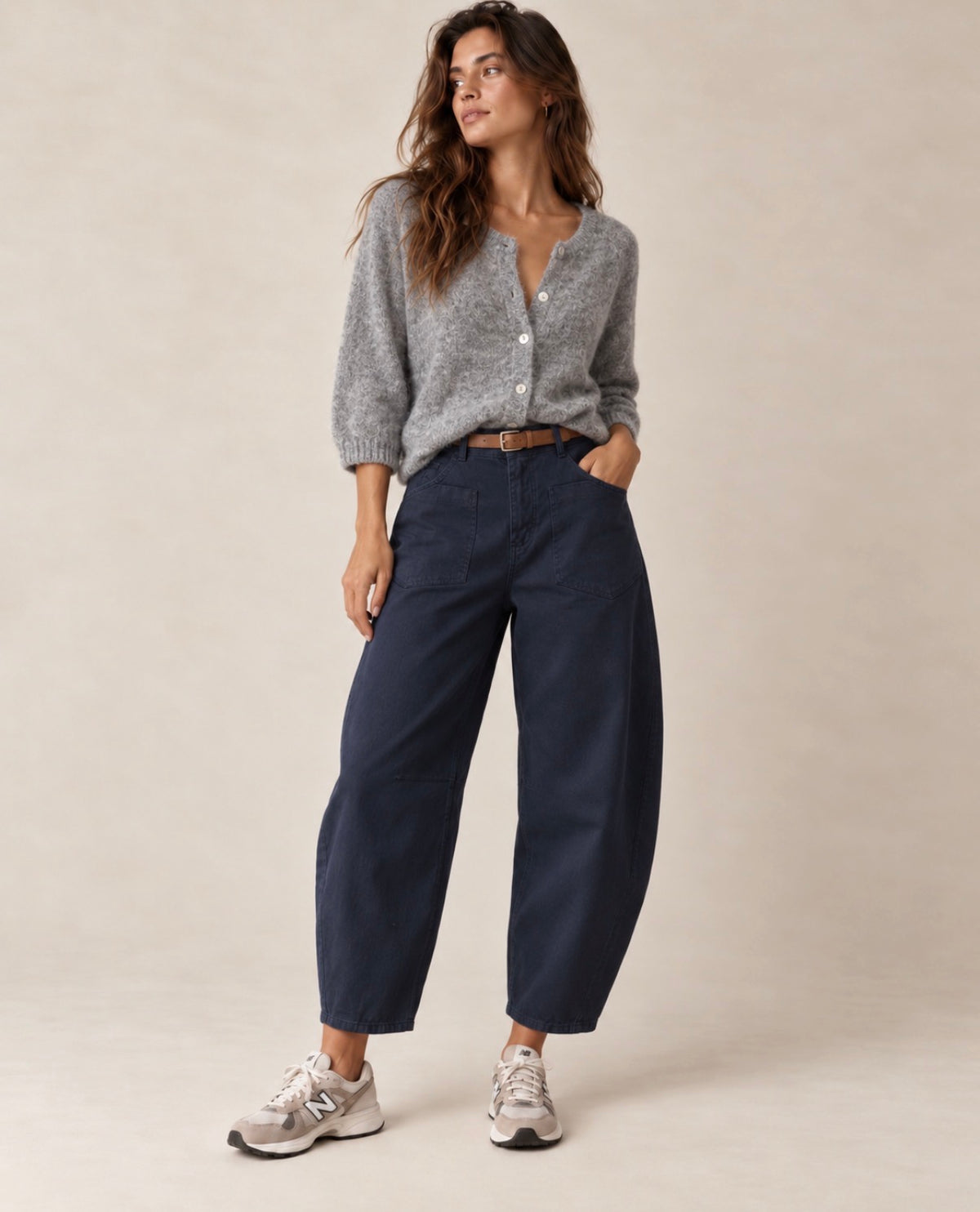 Pantalon en toile de coton coupe barrel - Marine