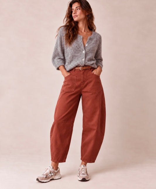 Pantalon en toile de coton coupe barrel - Terracotta