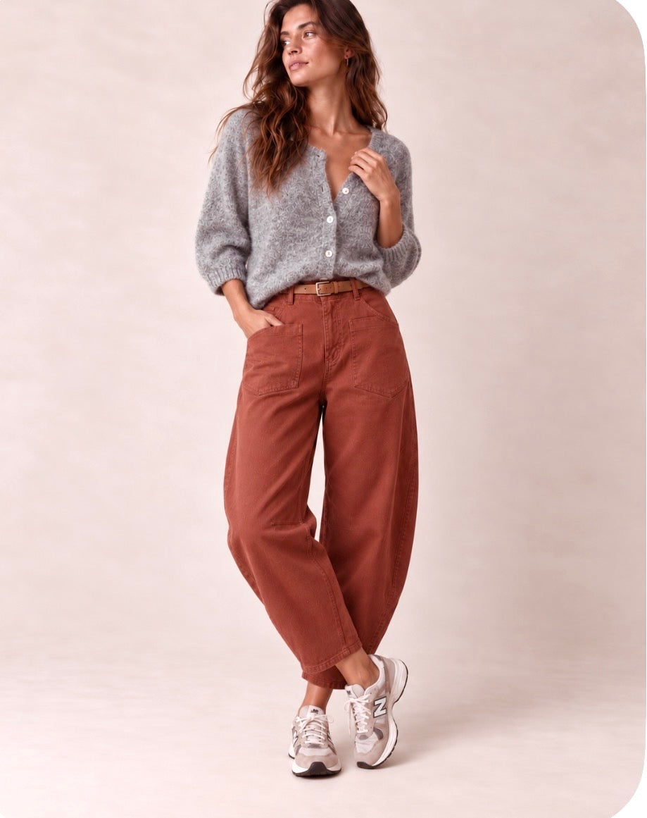 Pantalon en toile de coton coupe barrel - Terracotta